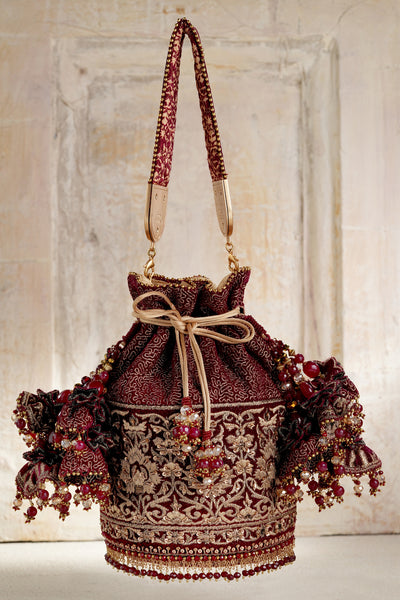 Tarun Tahiliani Accessories Embroidered Potli Maroon indian designer wear online shopping melange singapore 