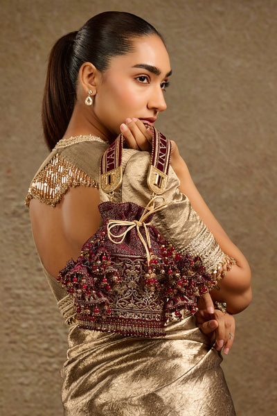 Tarun Tahiliani Accessories Embroidered Potli Maroon indian designer wear online shopping melange singapore 