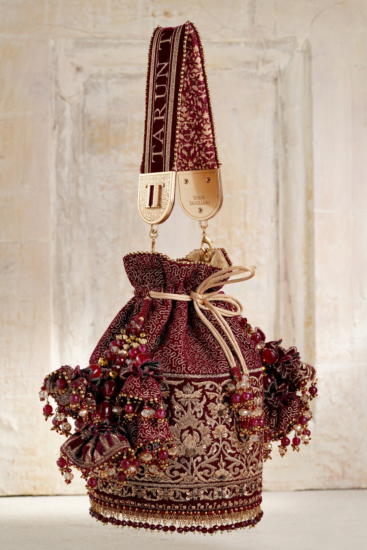 Tarun Tahiliani Accessories Embroidered Potli Maroon indian designer wear online shopping melange singapore 