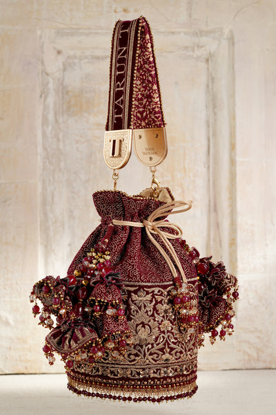 Tarun Tahiliani Accessories Embroidered Potli Maroon indian designer wear online shopping melange singapore 