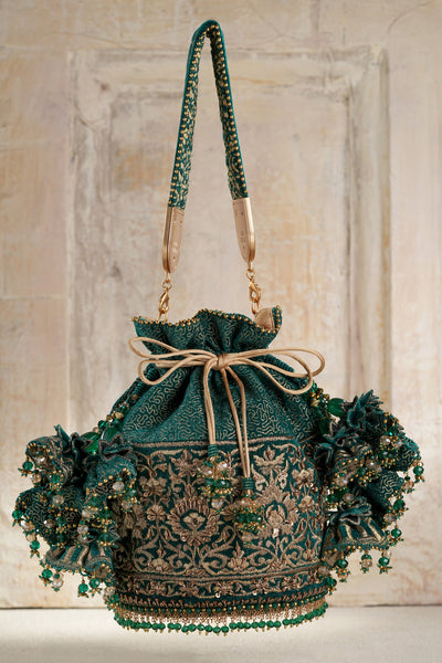 Tarun Tahiliani Accessories Embroidered Potli Moss Green indian designer wear online shopping melange singapore 
