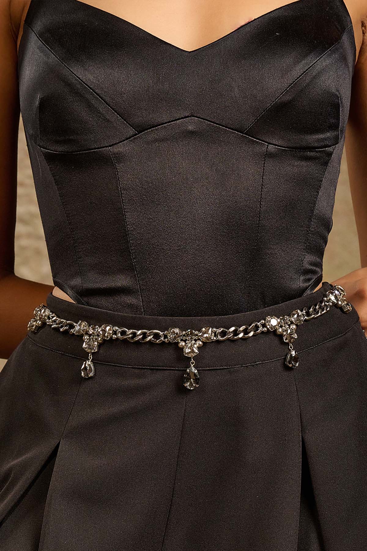 Tarun Tahiliani Accessories Jewelled Chain Belt Gunmetal indian designer wear online shopping melange singapore 