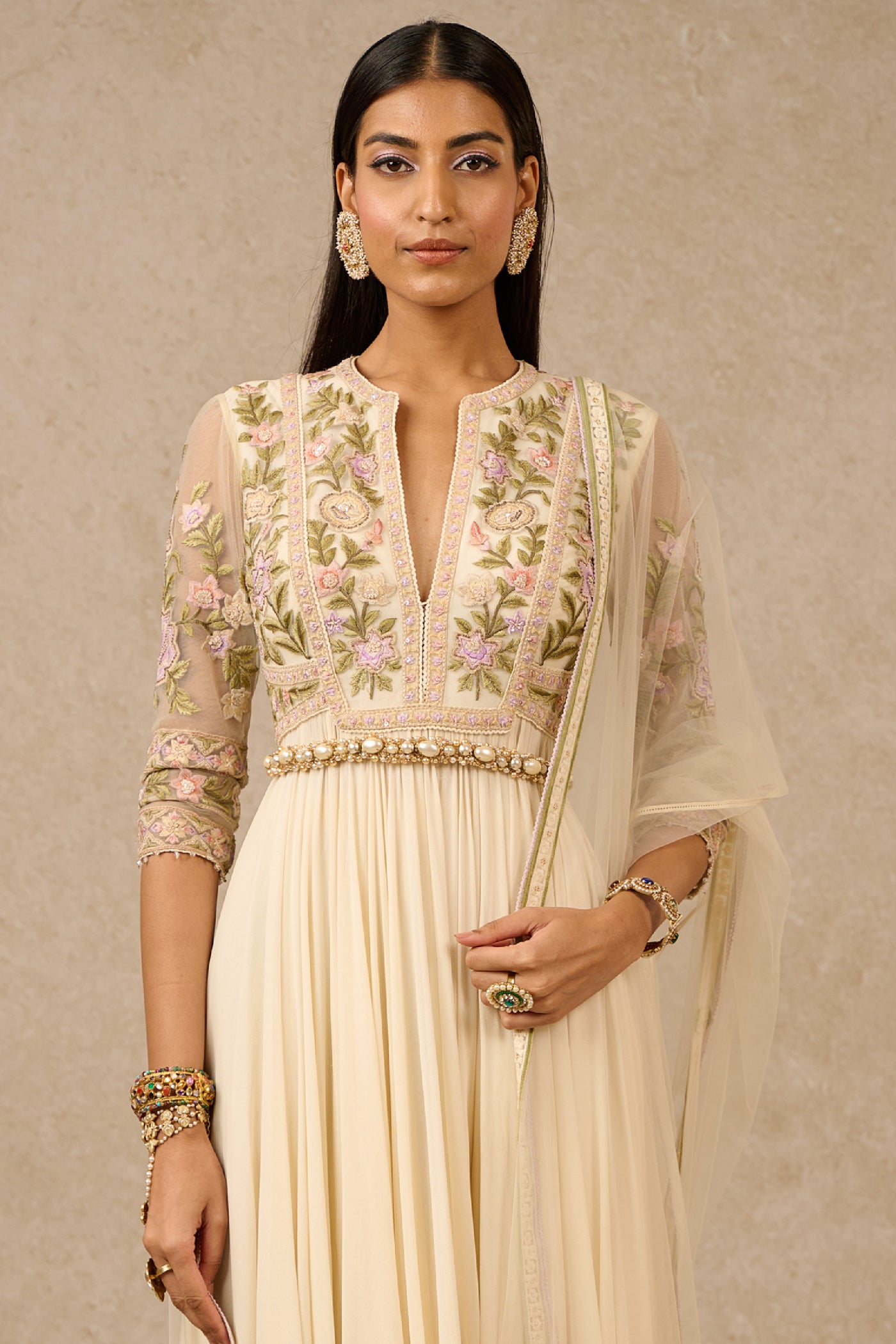 Tarun Tahiliani Anarkali Churidar Dupatta Ivory Indian designer wear online shopping melange singapore