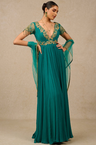 Tarun Tahiliani Anarkali Churidar Scarf Teal Indian designer wear online shopping melange singapore