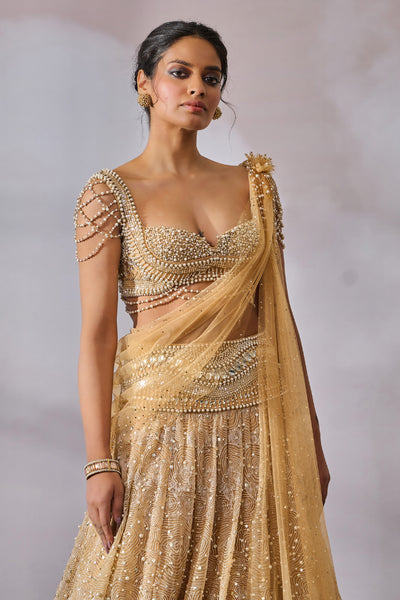 Tarun Tahiliani Blouse Drape Lehenga Gold indian designer wear online shopping melange singapore