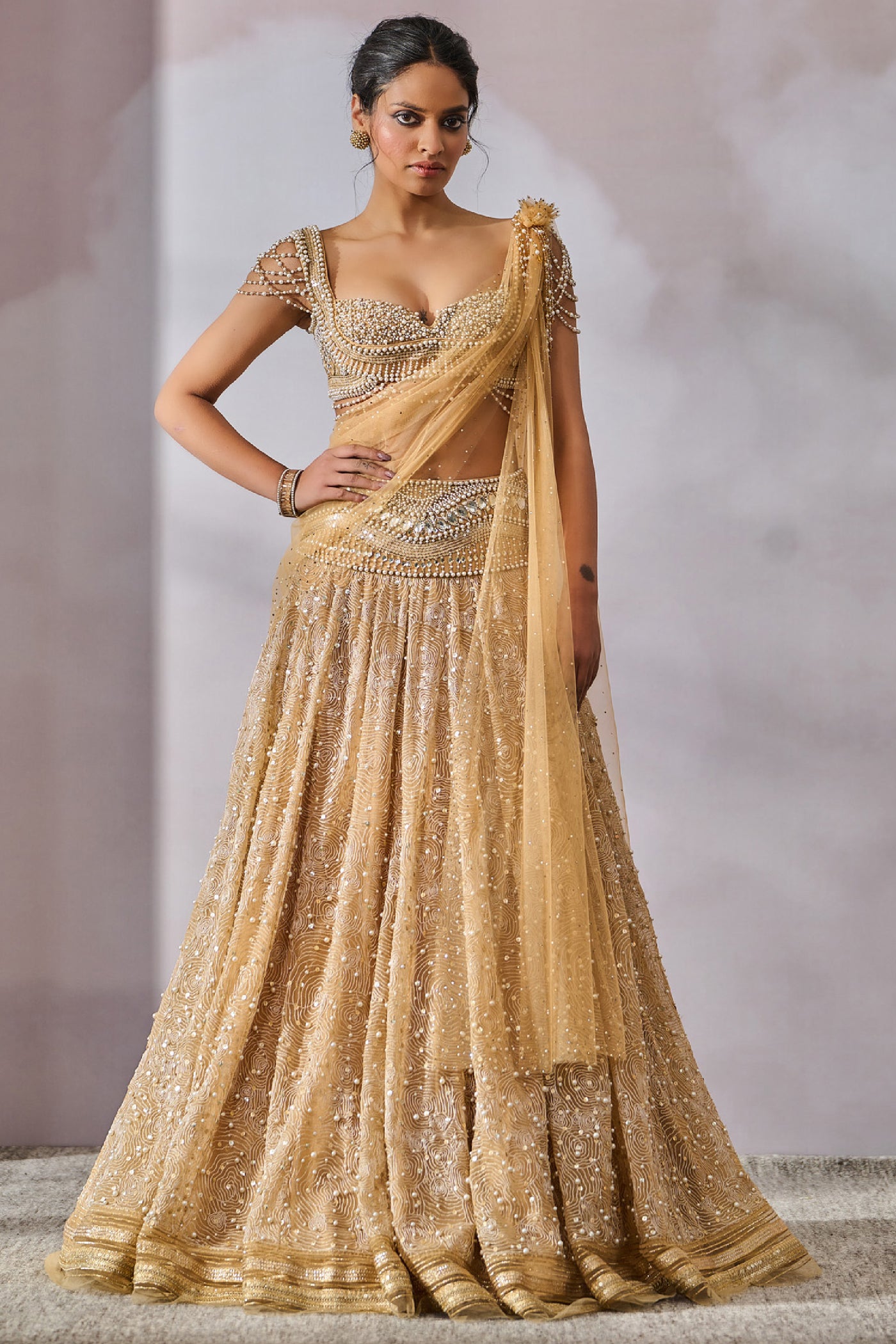 Tarun Tahiliani Blouse Drape Lehenga Gold indian designer wear online shopping melange singapore