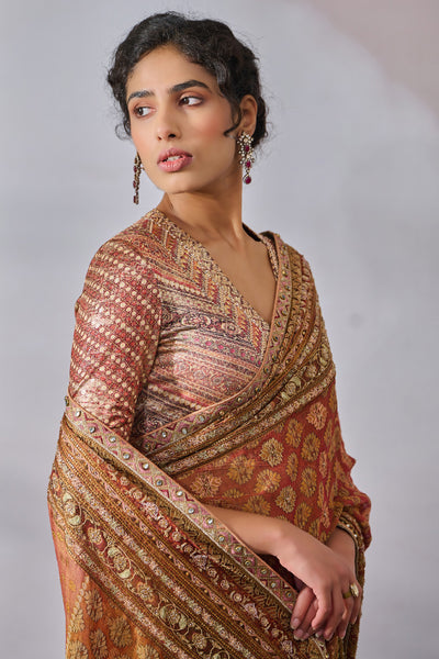 Tarun Tahiliani Blouse Saree Brick Red indian designer wear online shopping melange singapore