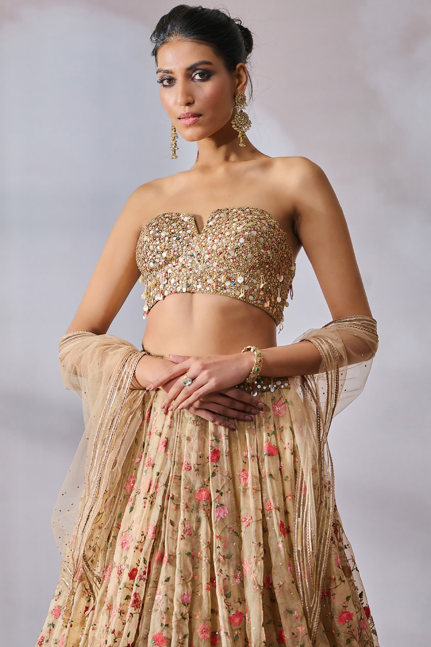 Tarun Tahiliani Blouse Scarf Lehenga Beige indian designer wear online shopping melange singapore