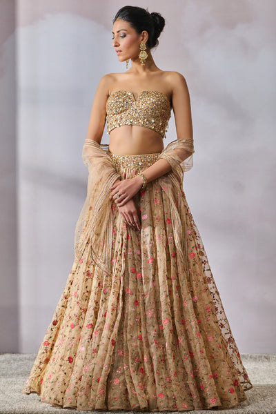 Tarun Tahiliani Blouse Scarf Lehenga Beige indian designer wear online shopping melange singapore