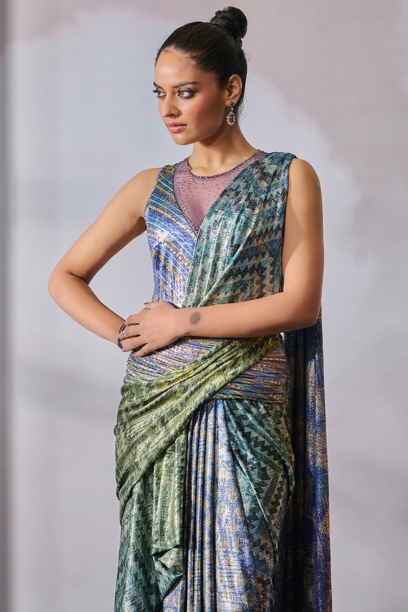 Tarun Tahiliani Bodysuit Concept Saree Peacock Multi indian designer wear online shopping melange singapore