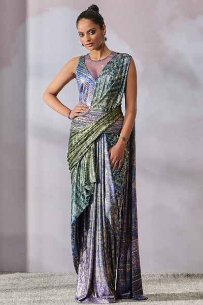 Tarun Tahiliani Bodysuit Concept Saree Peacock Multi indian designer wear online shopping melange singapore