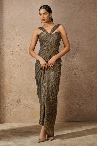 Tarun Tahiliani Classic Crinkle Drape Dress Antique Gold indian designer wear online shopping melange singapore