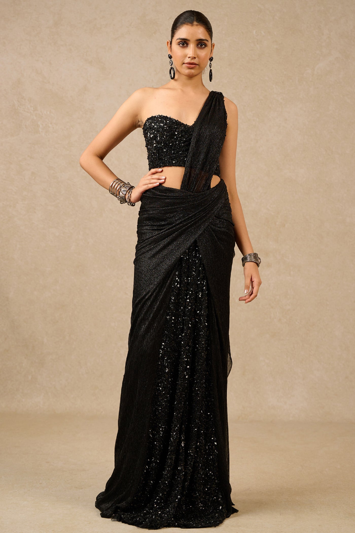 Tarun Tahiliani Concept Saree Corset Black Silver Indian designer wear online shopping melange singapore
