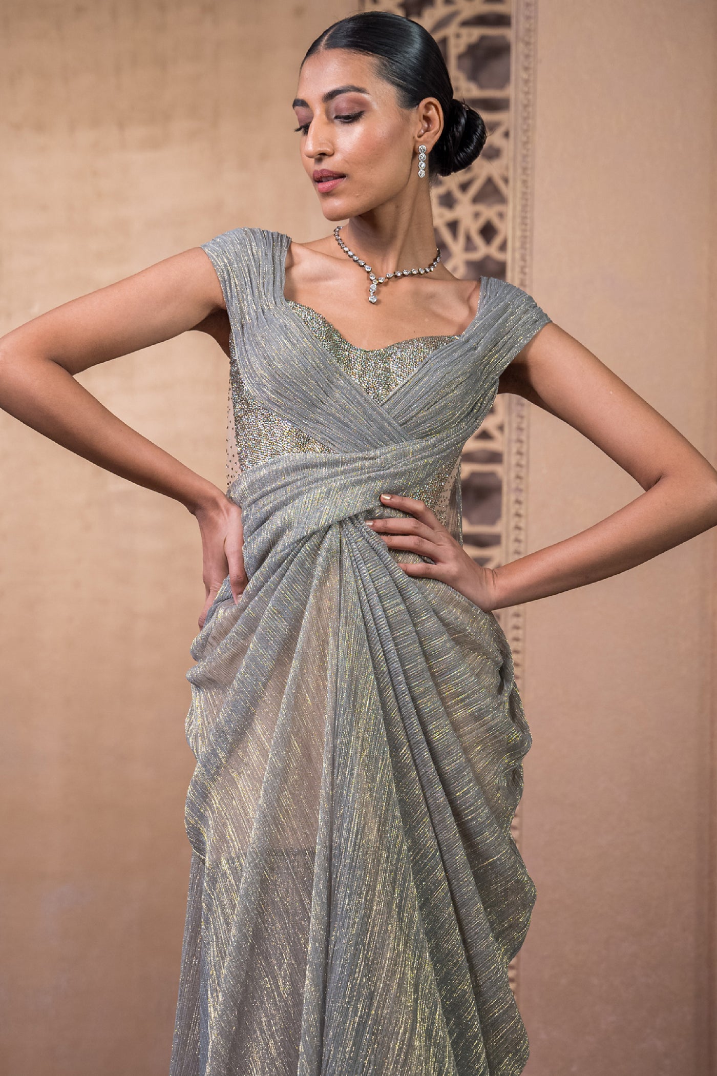 Tarun Tahiliani Concept Saree Palladium Blue indian designer wear online shopping melange singapore