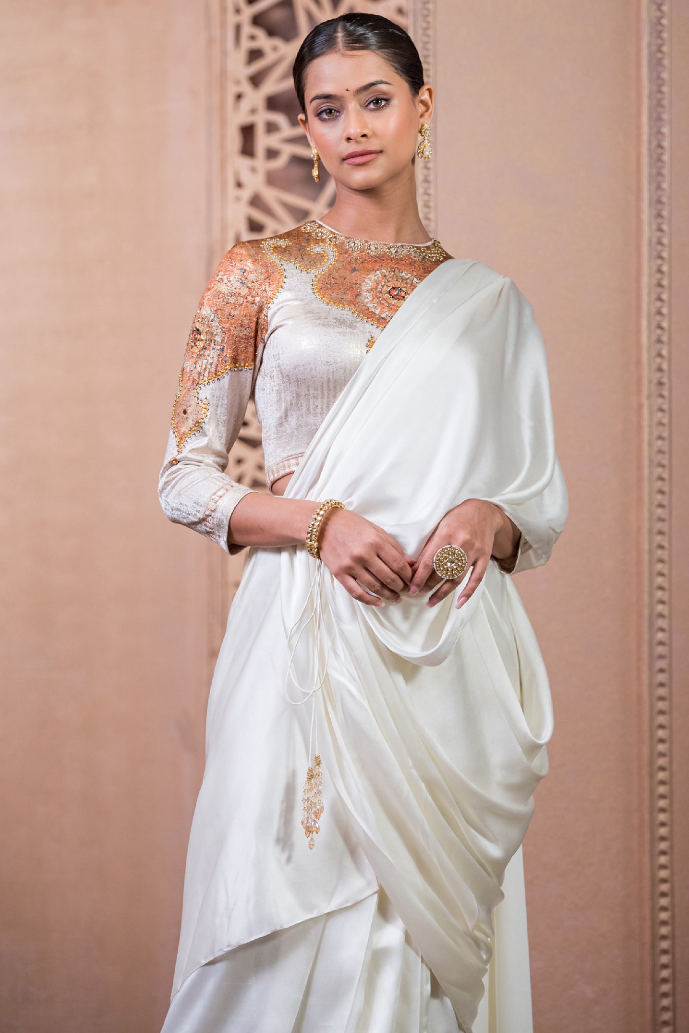 Tarun Tahiliani Concept Saree And Blouse Ivory Gold indian designer wear online shopping melange singapore
