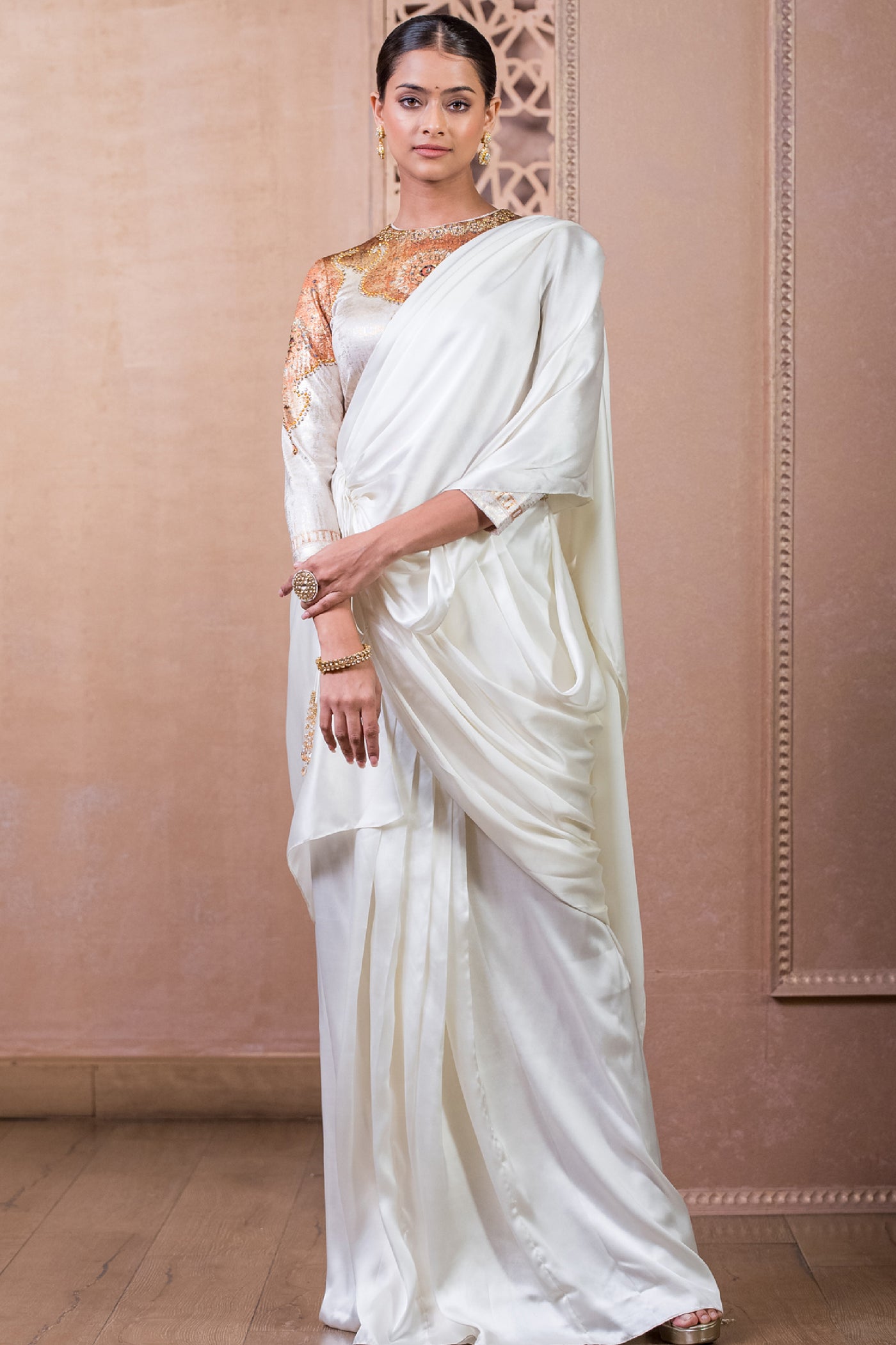 Tarun Tahiliani Concept Saree And Blouse Ivory Gold indian designer wear online shopping melange singapore