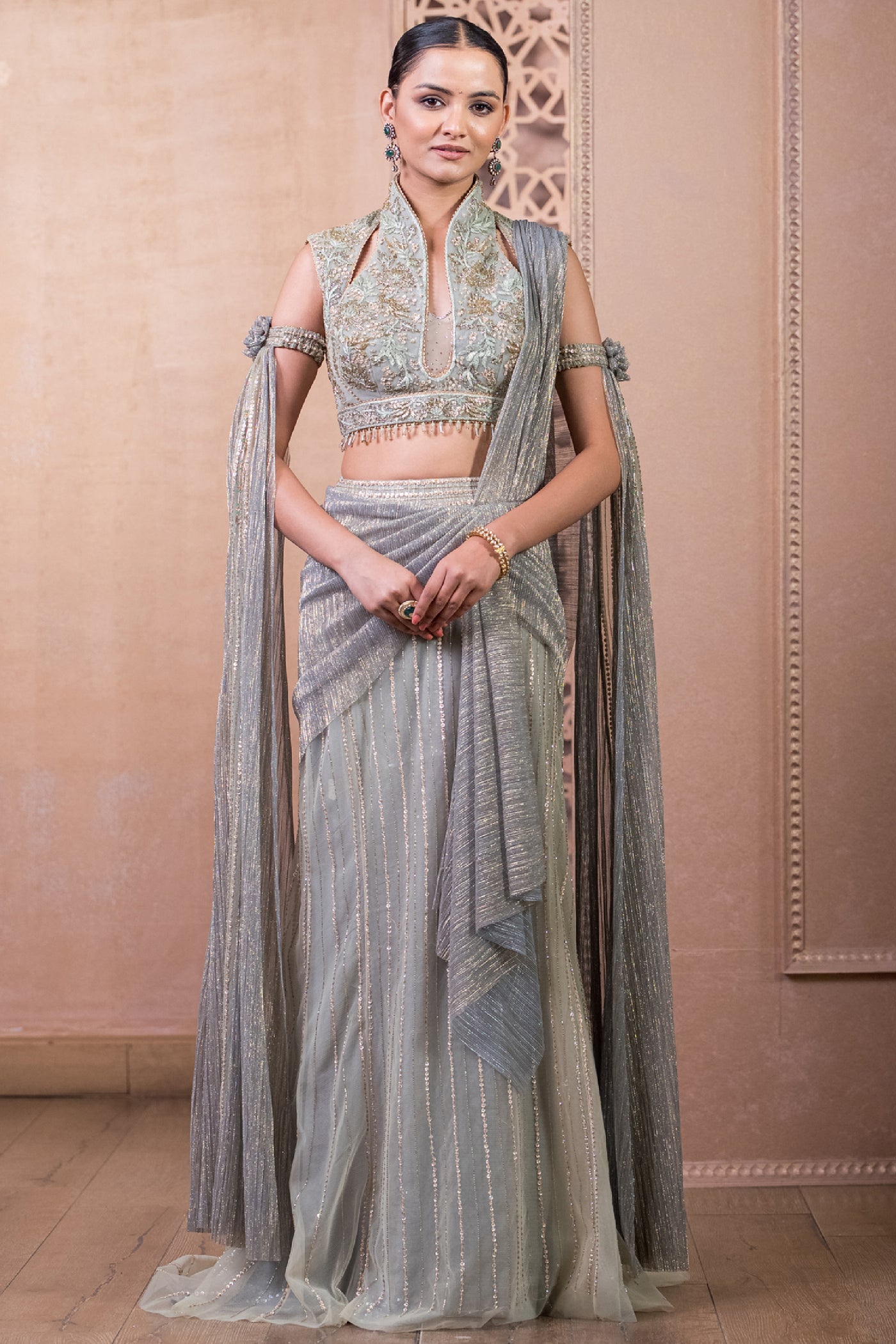 Tarun Tahiliani Concept Saree And Blouse Palladium Blue indian designer wear online shopping melange singapore