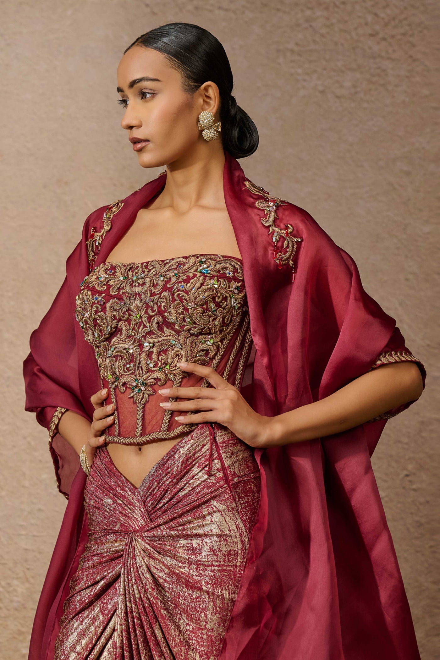 Tarun TahilianiCorset Drape And Cape Co-Ord Set indian designer wear online shopping melange singapore