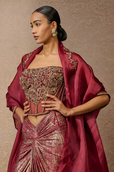 Tarun TahilianiCorset Drape And Cape Co-Ord Set indian designer wear online shopping melange singapore