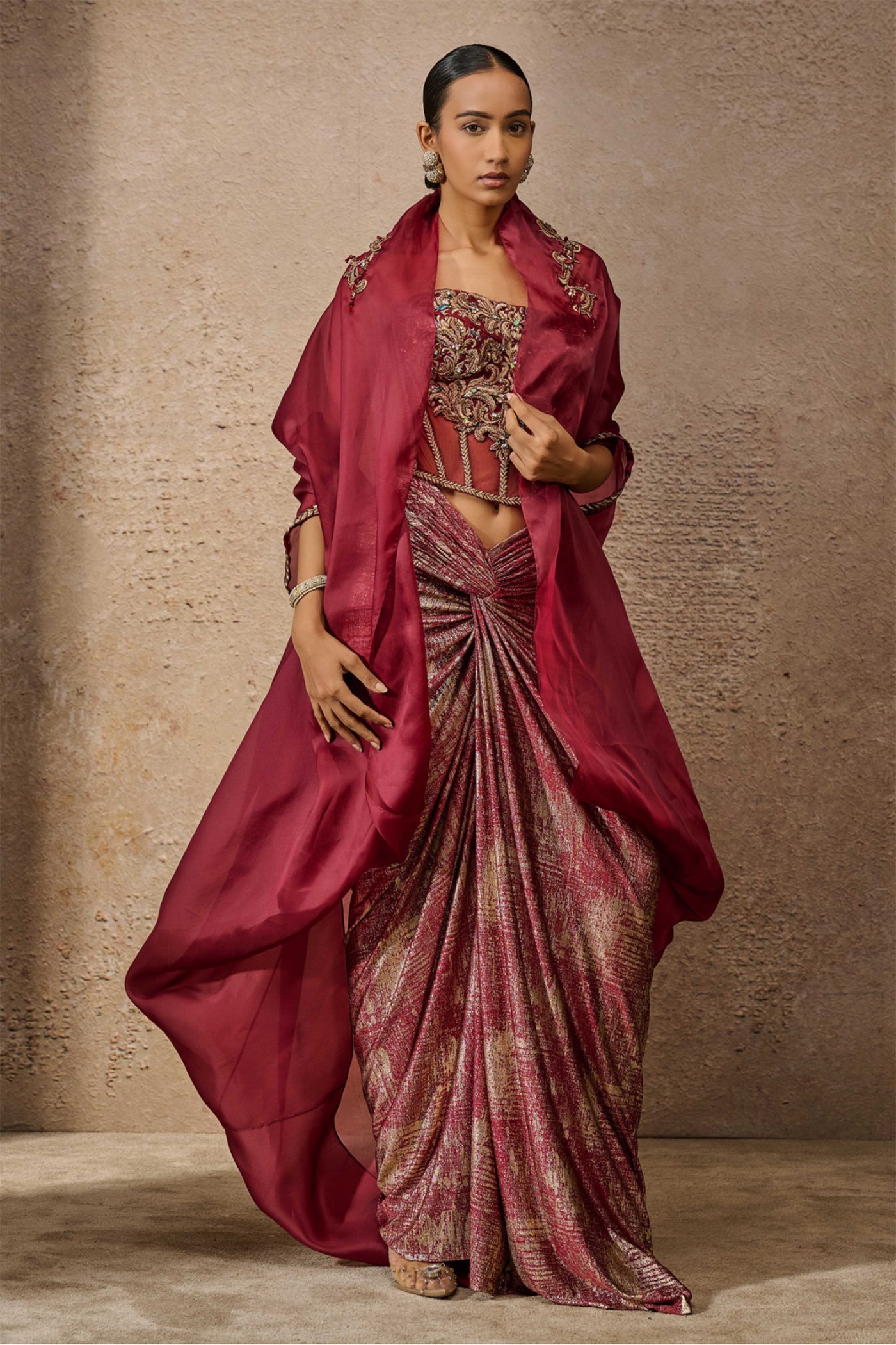 Tarun TahilianiCorset Drape And Cape Co-Ord Set indian designer wear online shopping melange singapore