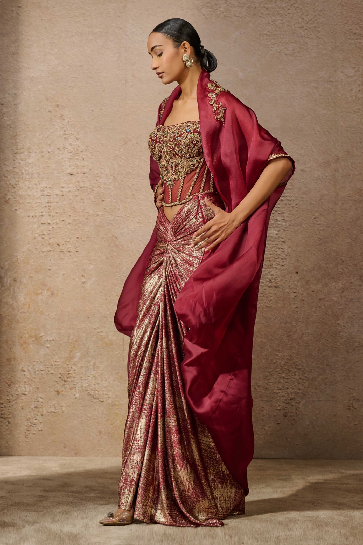 Tarun TahilianiCorset Drape And Cape Co-Ord Set indian designer wear online shopping melange singapore
