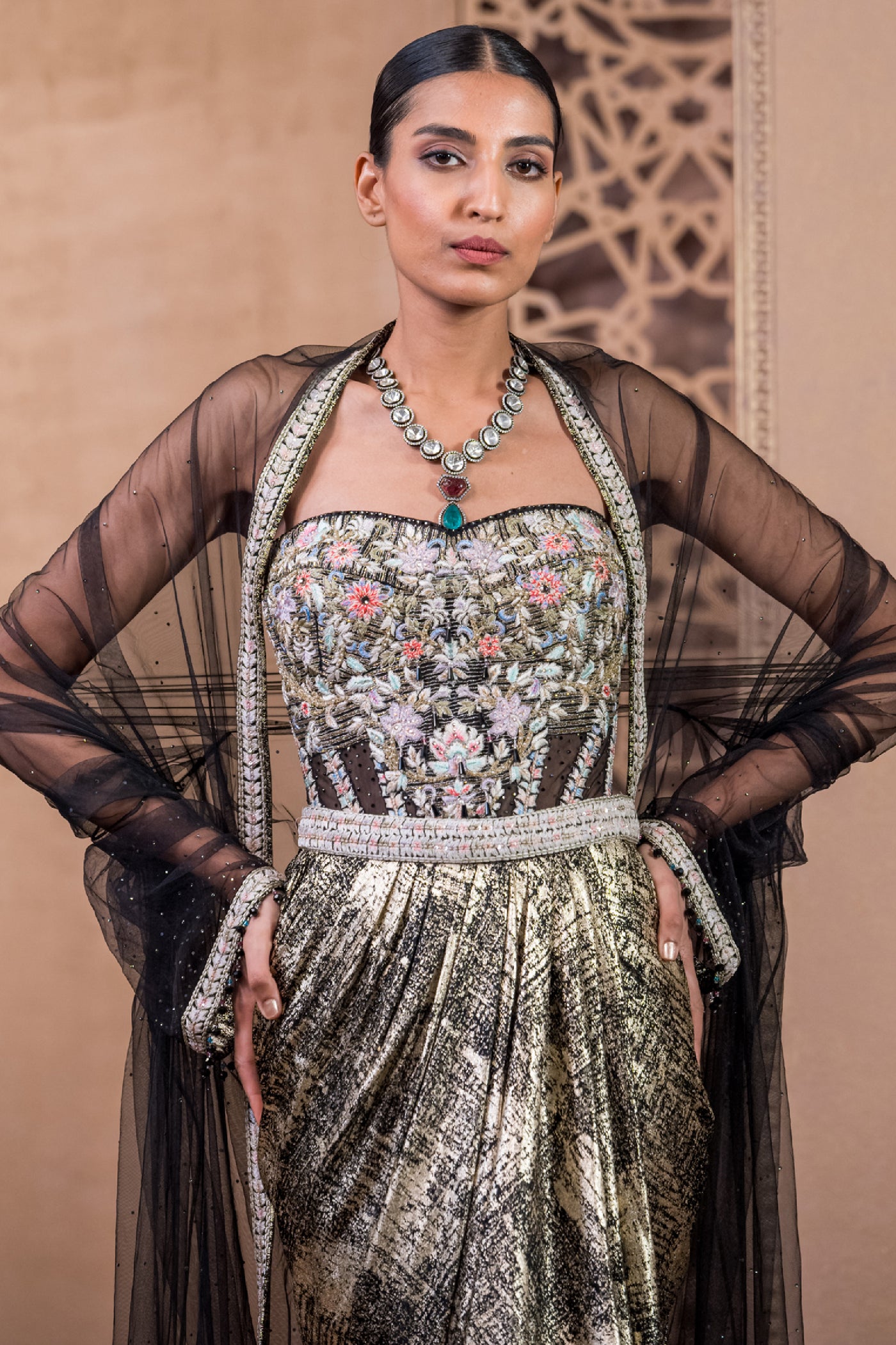 Tarun Tahiliani Corset With Skirt And Cape indian designer wear online shopping melange singapore
