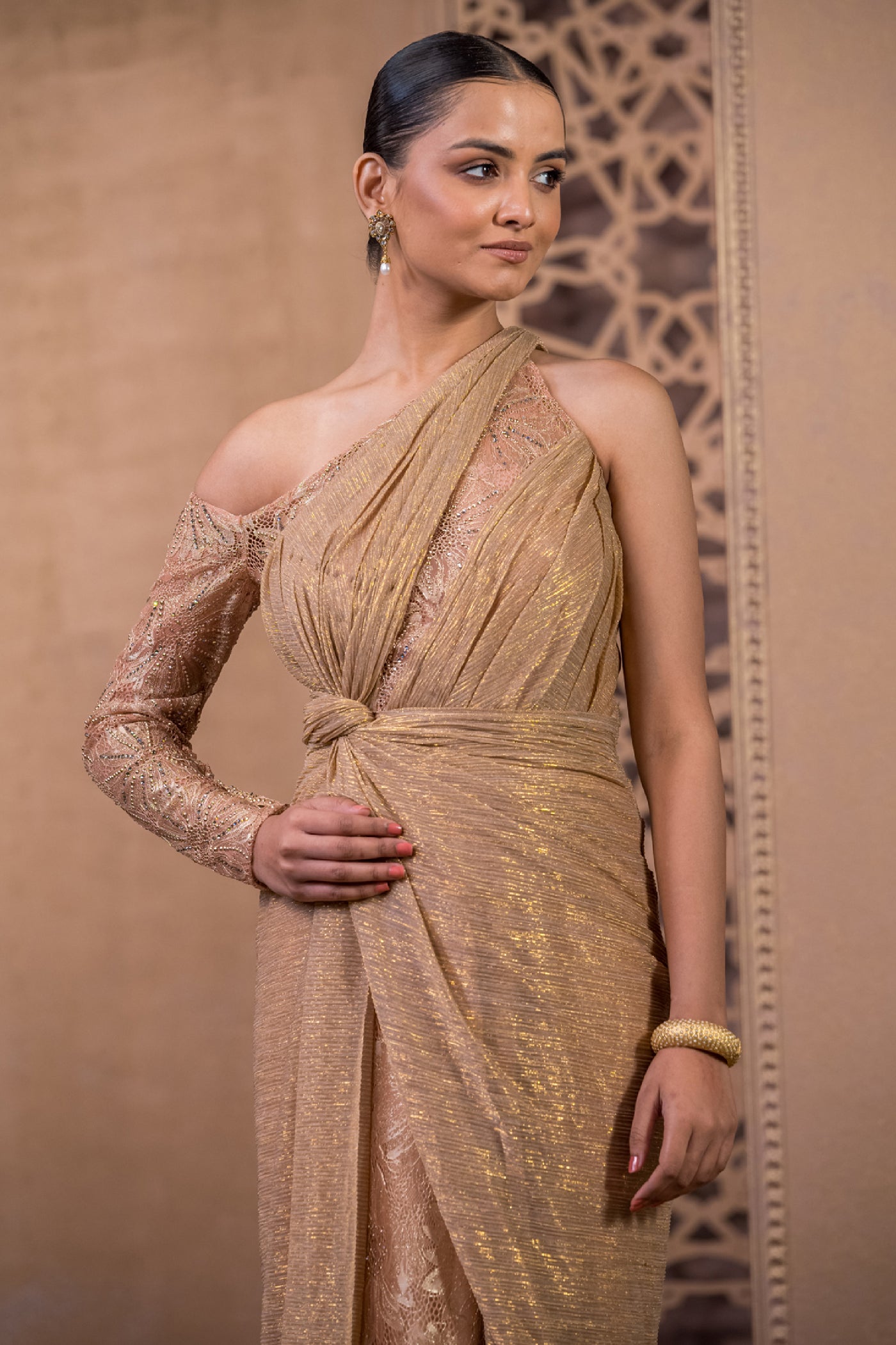 Tarun Tahiliani Draped Dress Champagne Gold indian designer wear online shopping melange singapore