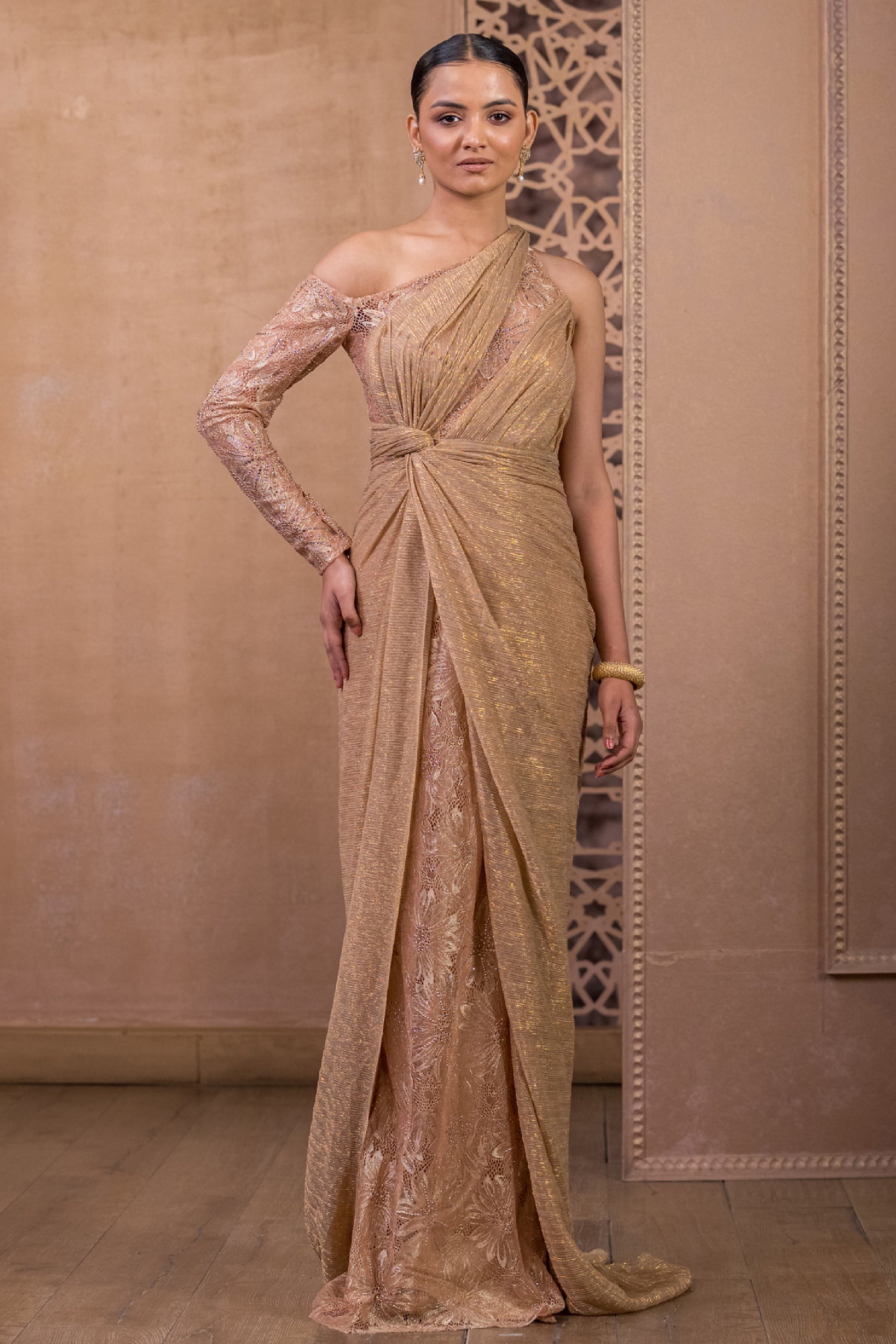 Tarun Tahiliani Draped Dress Champagne Gold indian designer wear online shopping melange singapore