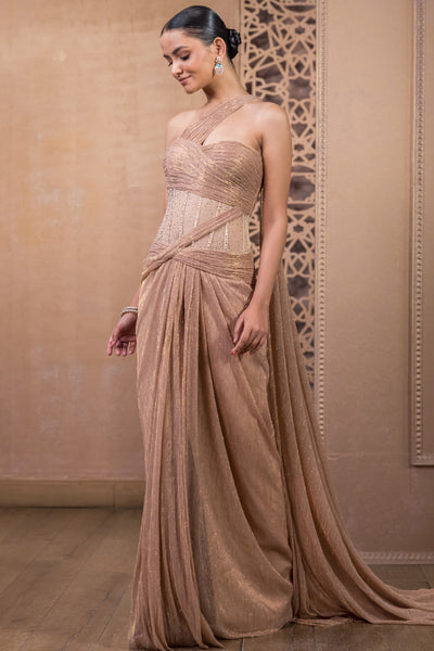 Tarun Tahiliani Draped Dress Rose Gold indian designer wear online shopping melange singapore