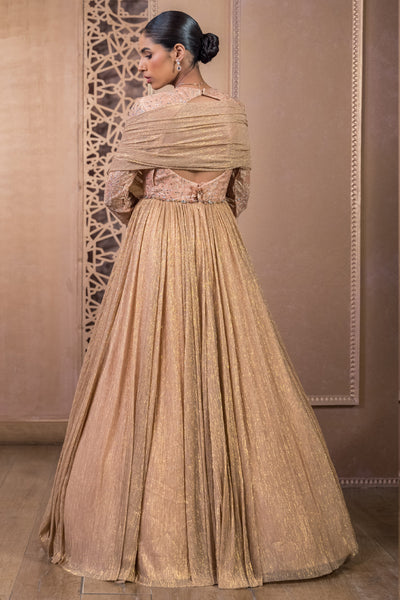 Tarun Tahiliani Draped Gown Champagne Gold indian designer wear online shopping melange singapore