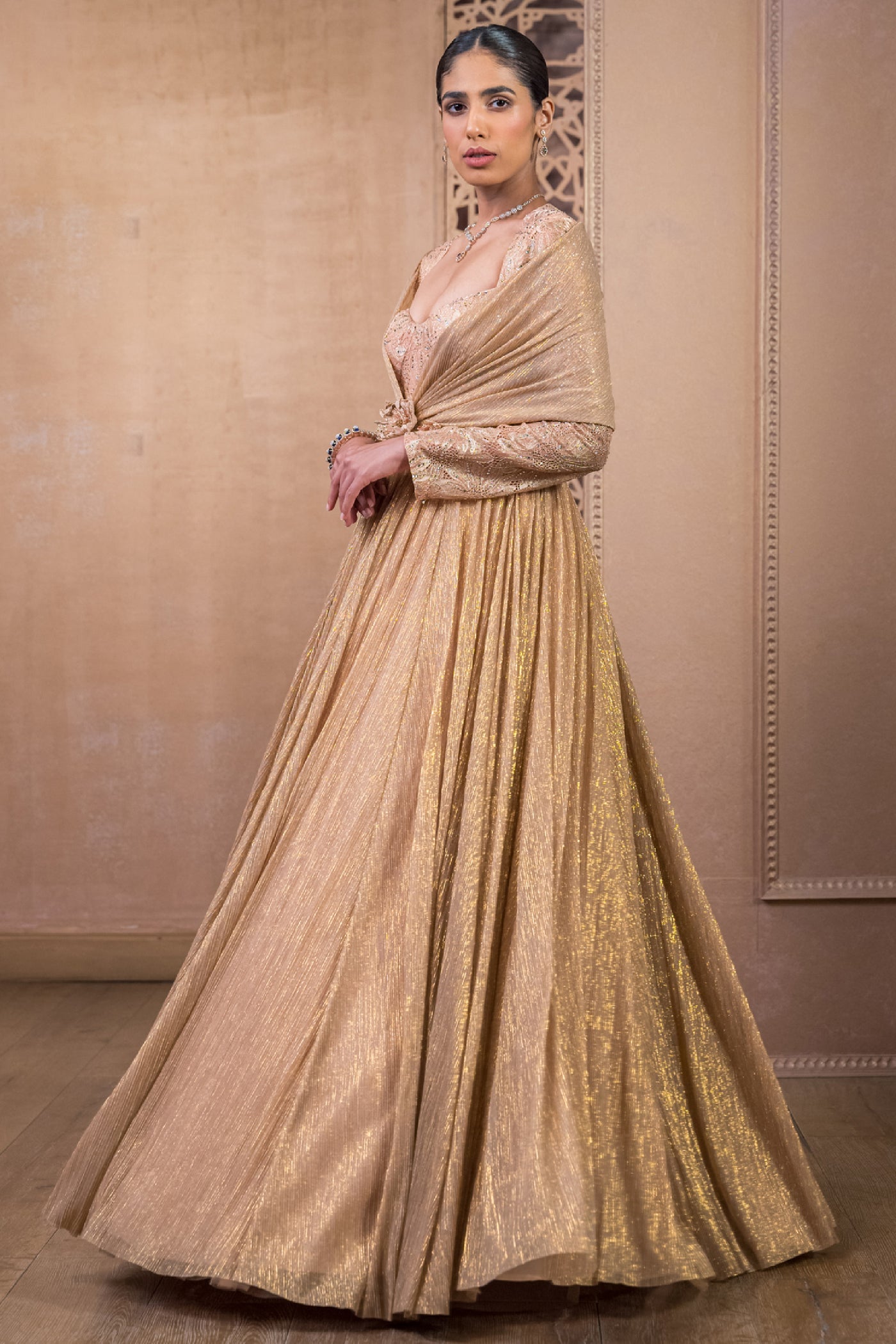 Tarun Tahiliani Draped Gown Champagne Gold indian designer wear online shopping melange singapore