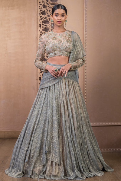 Tarun Tahiliani Draped Lehenga And Blouse Palladium Blue indian designer wear online shopping melange singapore