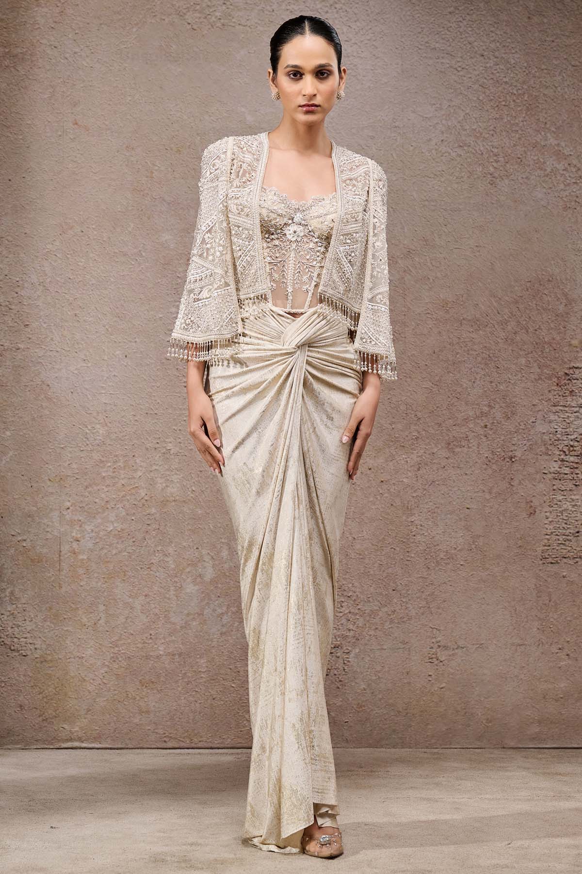 Tarun Tahiliani Draped Skirt Corset Cape indian designer wear online shopping melange singapore 