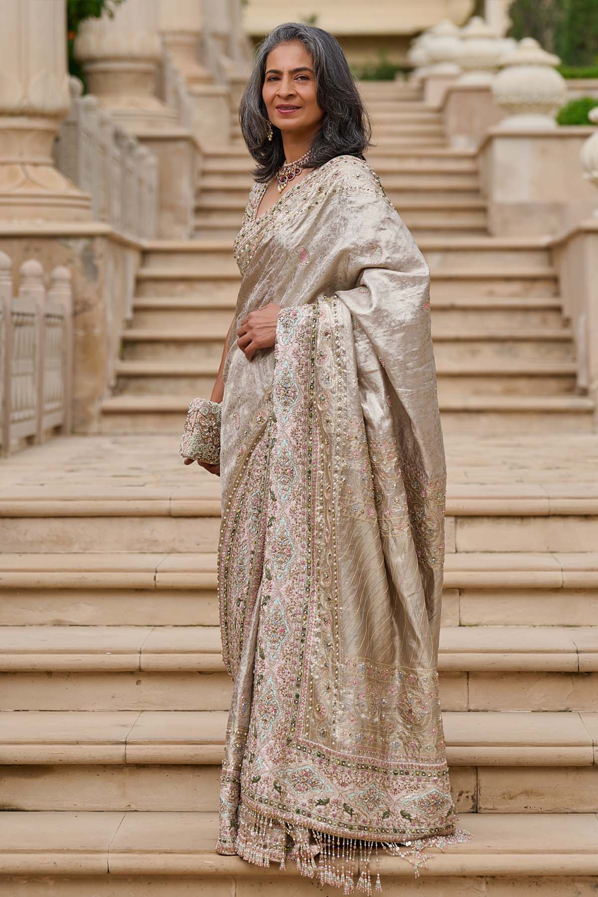 Tarun Tahiliani Embellished Kanjivaram Saree with Kashida Borders indian designer wear online shopping melange singapore 