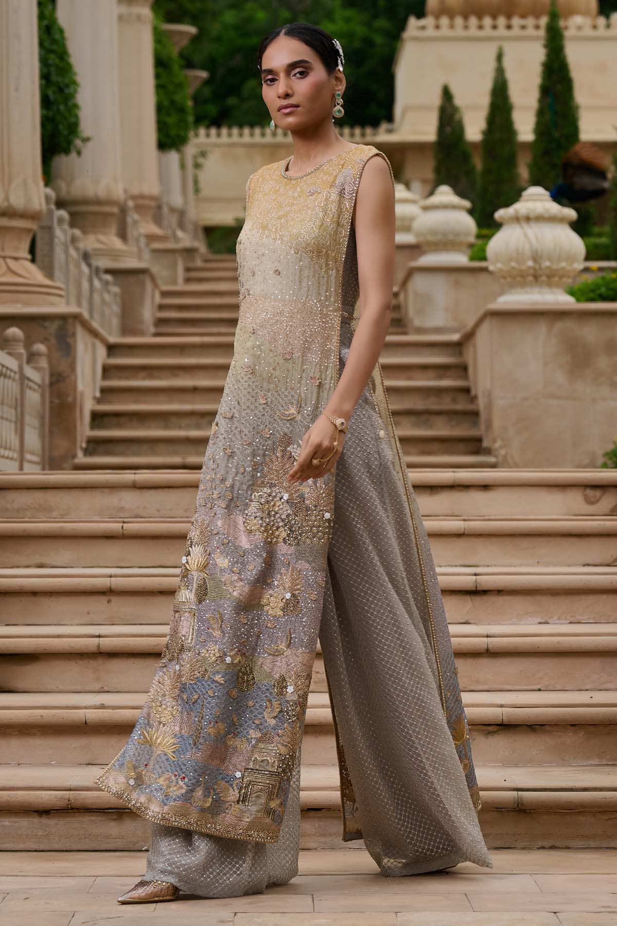 Tarun Tahiliani Embellished Pichwai Jumpsuit Powder Blue indian designer wear online shopping melange singapore 
