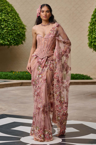 Tarun Tahiliani Floral Embroidered Saree with Crystal Corset indian designer wear online shopping melange singapore 

