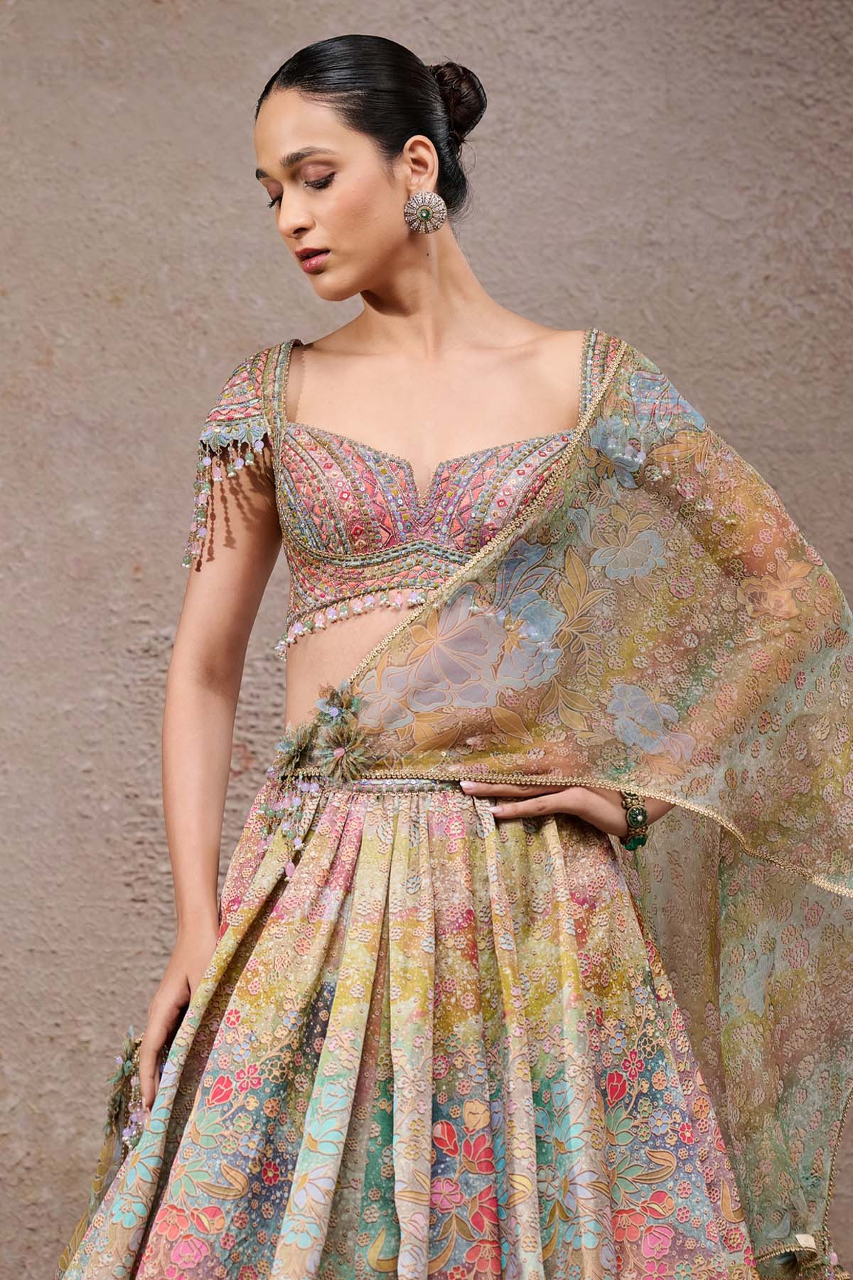 Tarun Tahiliani Floral Printed Lehenga With Scarf indian designer wear online shopping melange singapore 
