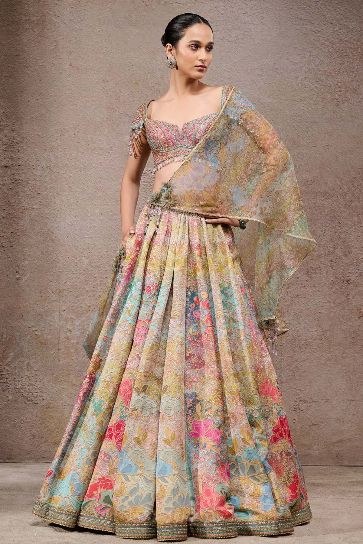 Tarun Tahiliani Floral Printed Lehenga With Scarf indian designer wear online shopping melange singapore 