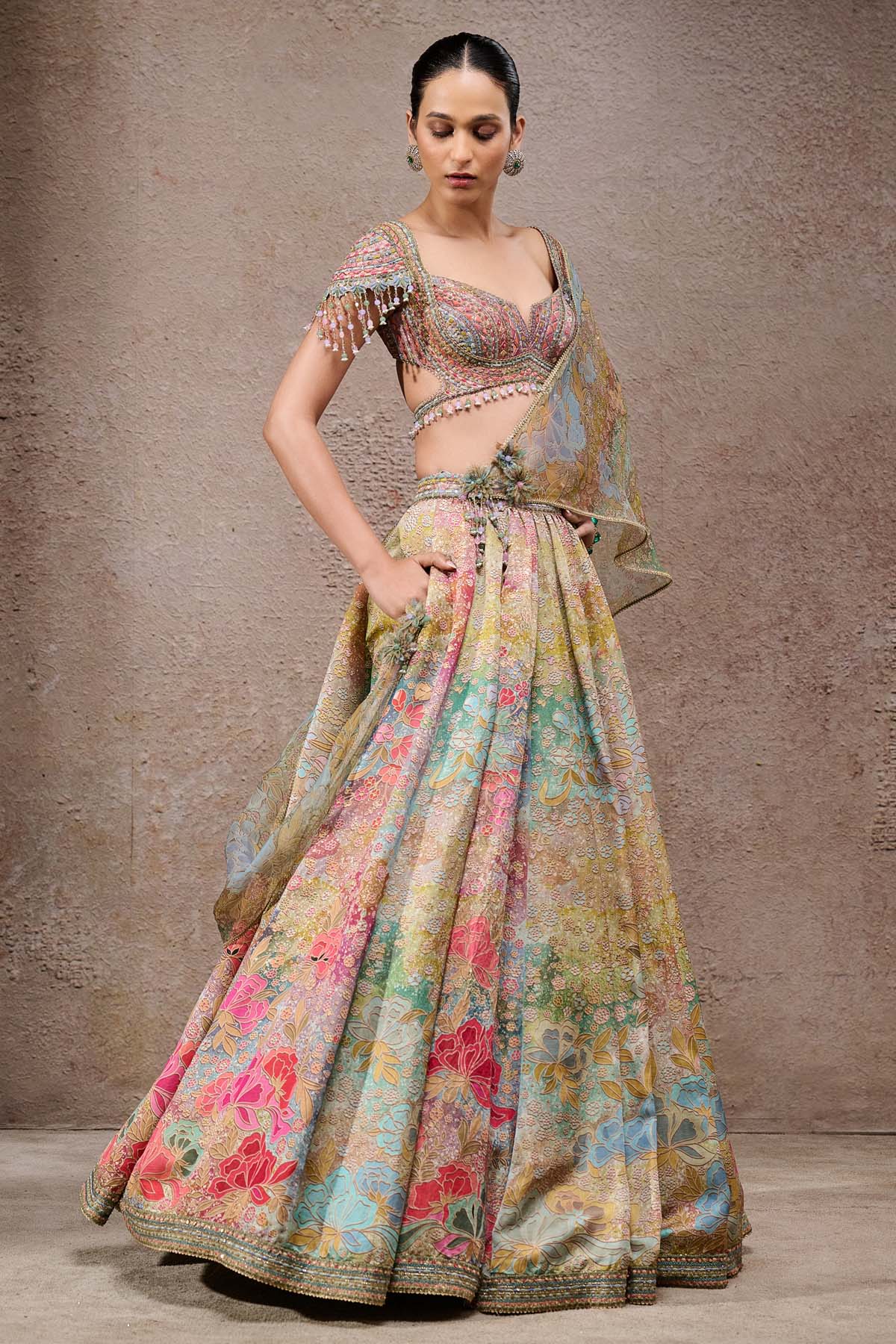 Tarun Tahiliani Floral Printed Lehenga With Scarf indian designer wear online shopping melange singapore 