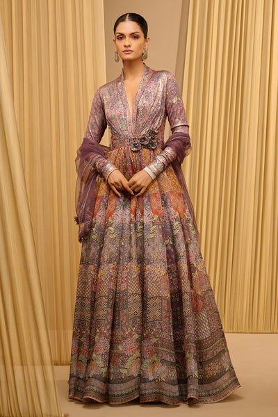 Tarun Tahiliani Foil Jersey Printed Anarkali indian designer wear online shopping melange singapore