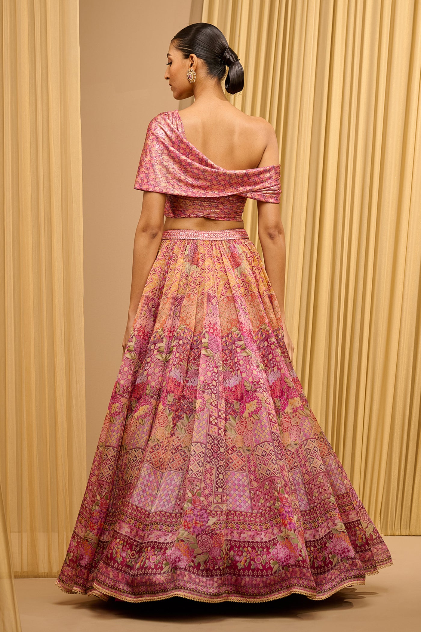 Tarun Tahiliani Foil Jersey Printed Lehenga With Draped Blouse indian designer wear online shopping melange singapore