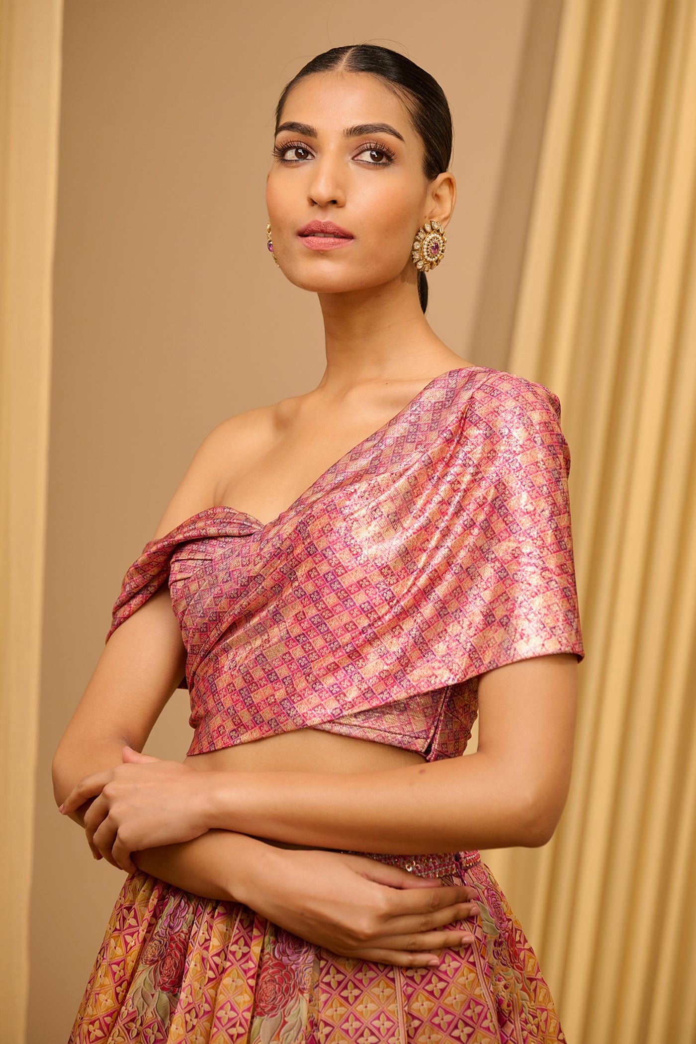 Tarun Tahiliani Foil Jersey Printed Lehenga With Draped Blouse indian designer wear online shopping melange singapore