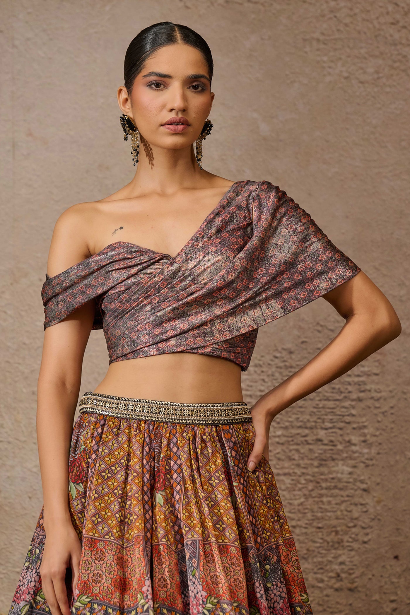 Tarun Tahiliani Foil Jersey Printed Lehenga With Draped Blouse indian designer wear online shopping melange singapore