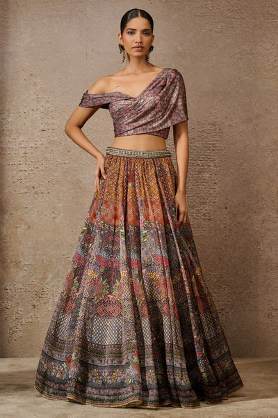 Tarun Tahiliani Foil Jersey Printed Lehenga With Draped Blouse indian designer wear online shopping melange singapore