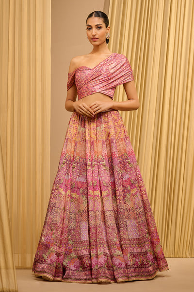 Tarun Tahiliani Foil Jersey Printed Lehenga With Draped Blouse indian designer wear online shopping melange singapore