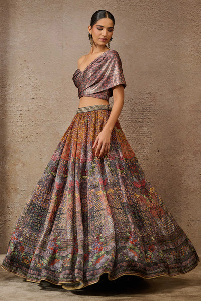 Tarun Tahiliani Foil Jersey Printed Lehenga With Draped Blouse indian designer wear online shopping melange singapore
