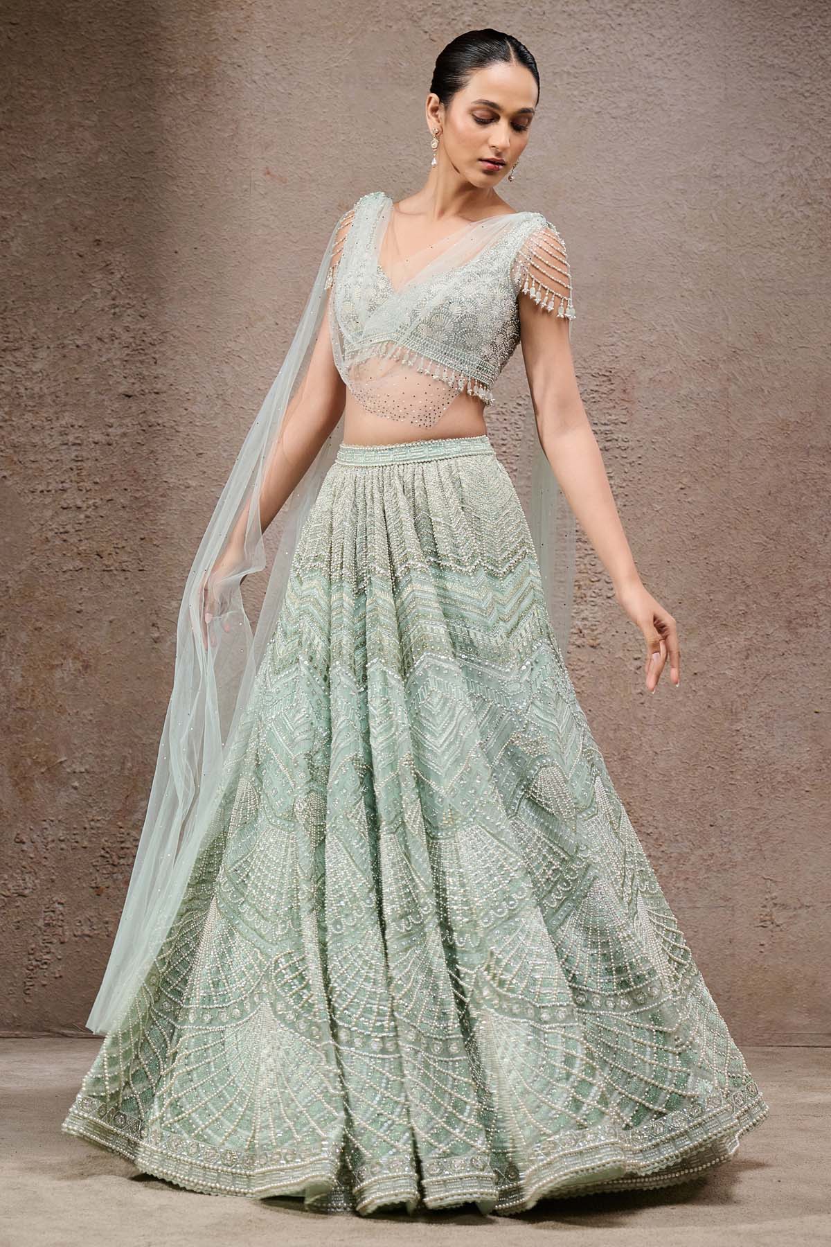 Tarun Tahiliani Geometric Embroidered Lehenga With Drape  indian designer wear online shopping melange singapore 