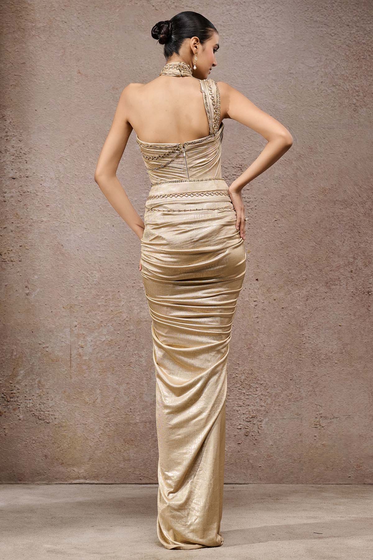 Tarun Tahiliani Gold Chain Draped Bodysuit Skirt indian designer wear online shopping melange singapore 