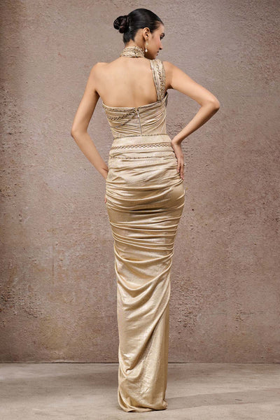 Tarun Tahiliani Gold Chain Draped Bodysuit Skirt indian designer wear online shopping melange singapore 