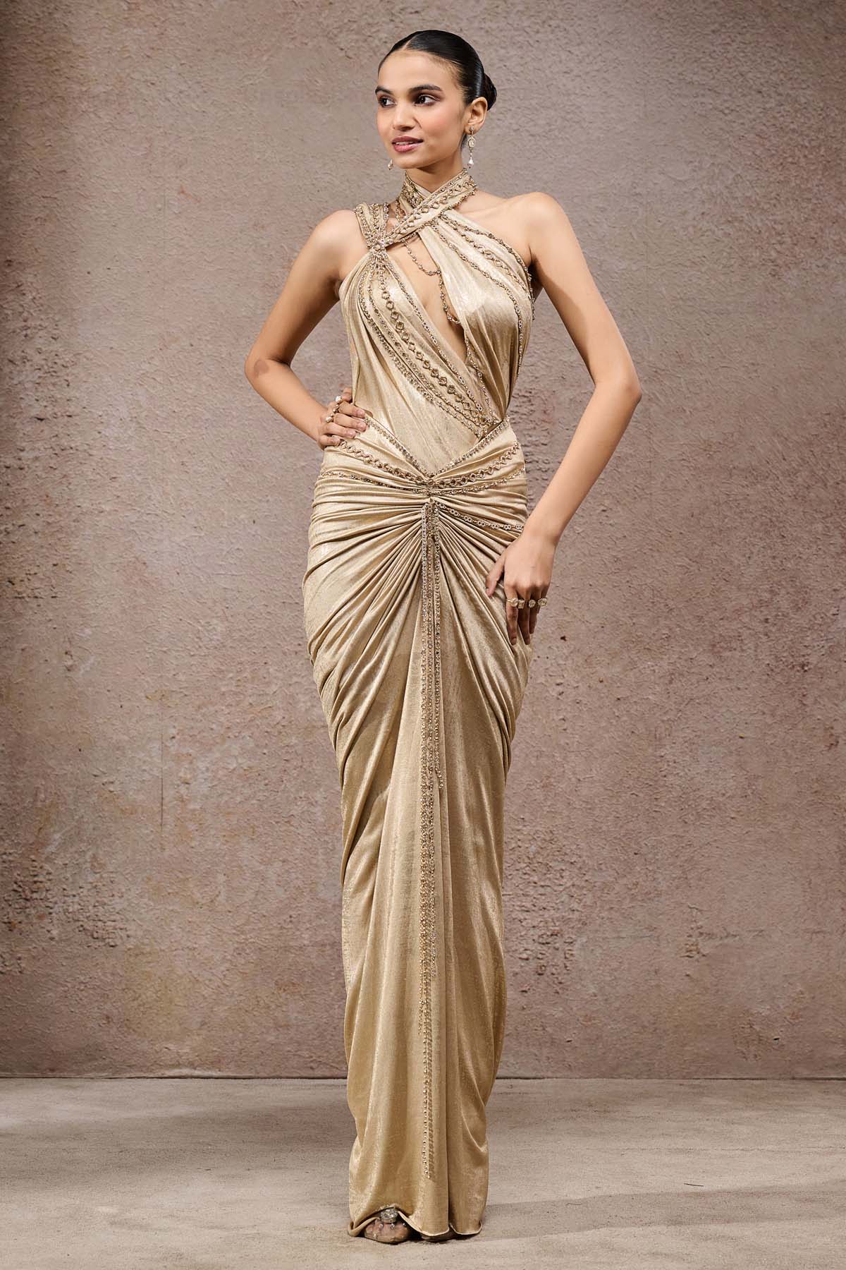 Tarun Tahiliani Gold Chain Draped Bodysuit Skirt indian designer wear online shopping melange singapore 